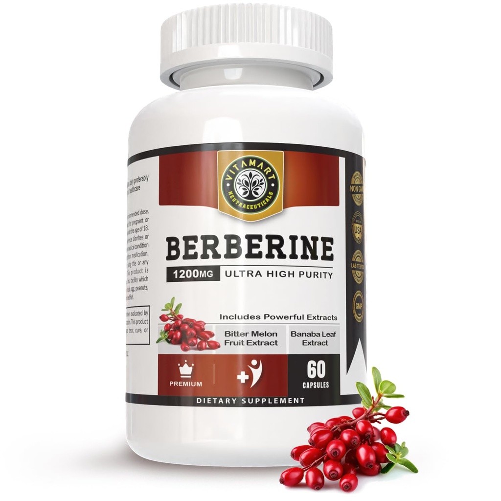 Berberine HCL 1200mg Premium, ultra-haute pureté, pur 60 capsules - Supplément berbère, supporte le système immunitaire, Berberine Plus amélioré avec des fruits mélons amers et extrait de feuille de Banaba