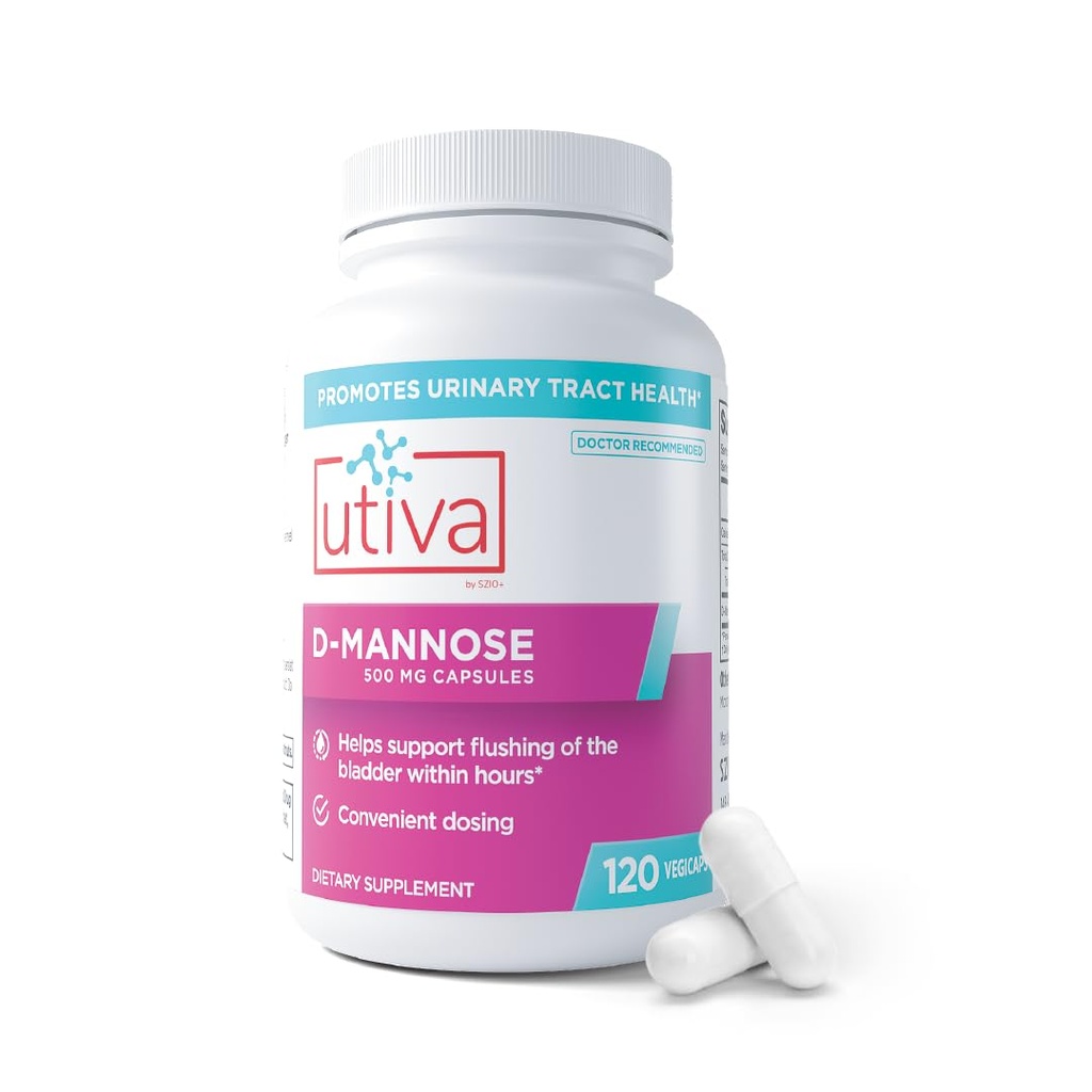 Szio+ Utiva D-Mannose 500mg Capsules – Flush naturellement Le Bladder et le Trac Urinaire – UTI Évitement – D Suppléments de Mannose pour les femmes – soutient les traitements d'infection au Trac Urinaire, 120 Capsules