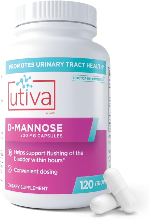 Szio+ Utiva D-Mannose 500mg Capsules – Flush naturellement Le Bladder et le Trac Urinaire – UTI Évitement – D Suppléments de Mannose pour les femmes – soutient les traitements d'infection au Trac Urinaire, 120 Capsules