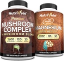 Nutrivein Premium 120 Cap Mushroom Complex 2600mg & 90 Cap Magnesium 2207mg Bundle - 11 Mushrooms - Lions Mane, Chaga, Reishi, Cordyceps, & More - Immune & Brain Function Plus Memory & Focus