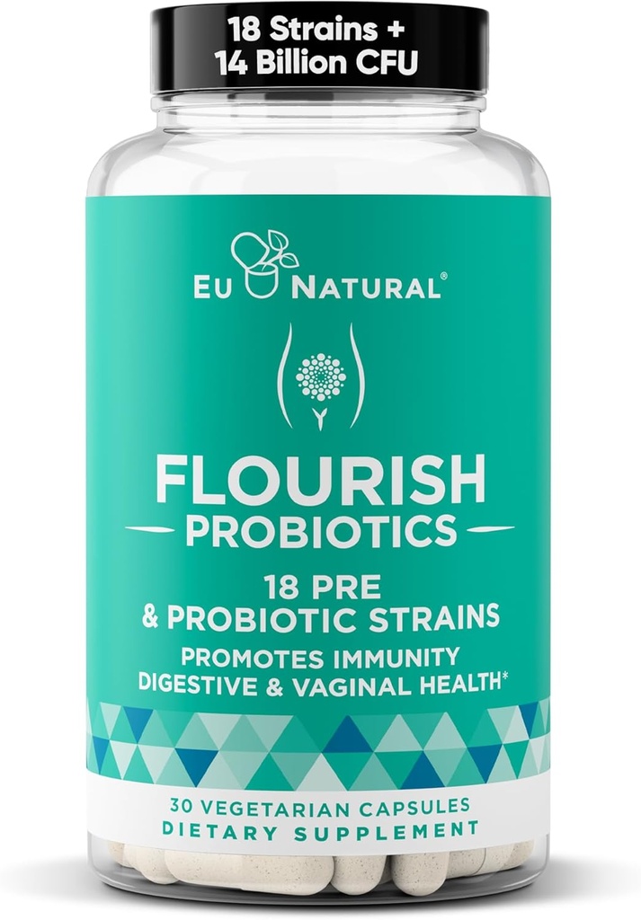 Probiotiques de la farine + Prébiotiques pour les femmes – Gut et digestion, voie urinaire, réduire le gonflement, santé vaginale – 18 souches prouvées cliniquement, 14 milliards CFU – 30 capsules mini véganes stables à plateau