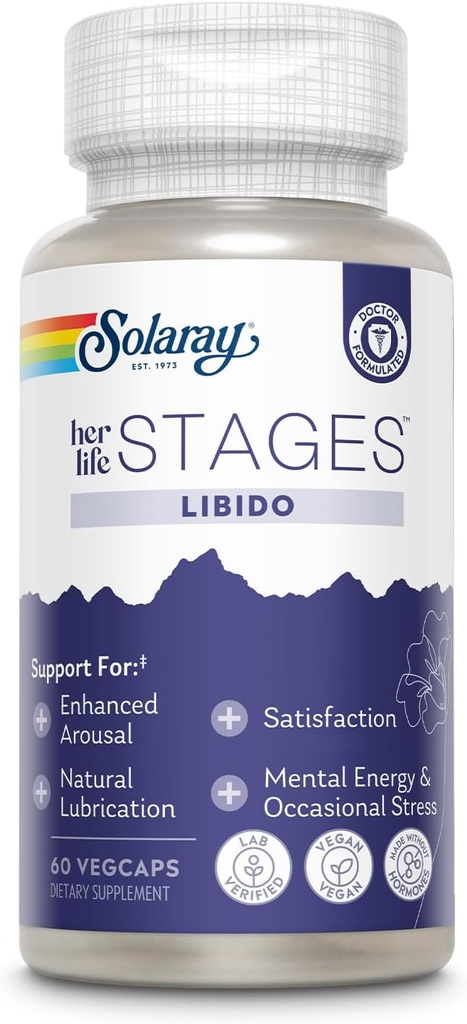 SOLARAY Libido ses étapes de vie - soutient la lubrification naturelle et l'augmentation de la libido pour les femmes - Shatavari, Fenugreek, Capsules d'Ashwagandha bio - fait sans hormones - 30 portions, 60 VegCaps