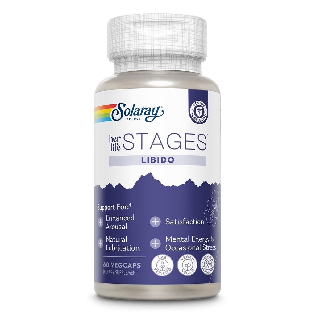 SOLARAY Libido ses étapes de vie - soutient la lubrification naturelle et l'augmentation de la libido pour les femmes - Shatavari, Fenugreek, Capsules d'Ashwagandha bio - fait sans hormones - 30 portions, 60 VegCaps