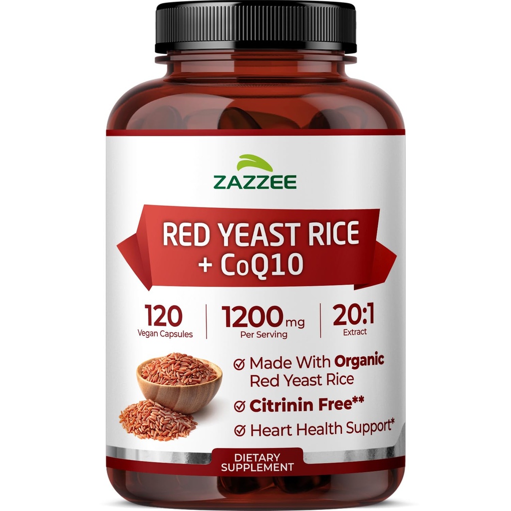 Riz de levure rouge extra-fort avec CoQ10 - 20X concentré 1200mg supplément de riz de levure rouge avec Niacine CoQ 10 et BioPerine pour l'absorption améliorée - Non-OGM Vegan & ISO Lab testé (75 services)