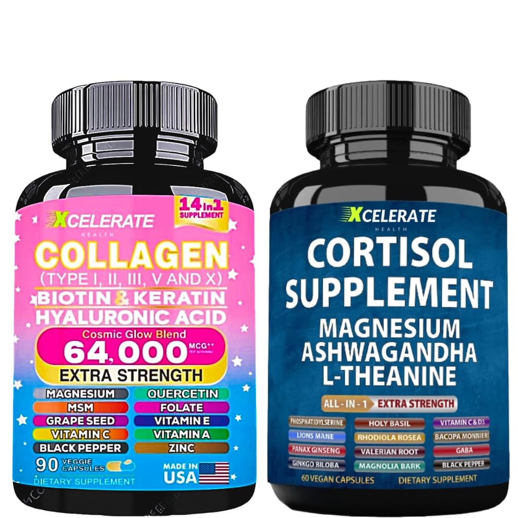 Glow + Calm Bundle – Cosmic Collagen Peptides with Biotin, Keratin Magnesium Mind Complex with Ashwagandha, L-Theanine, Lion’s Mane, Ginkgo Biloba, GABA, Rhodiola (Label May Vary)