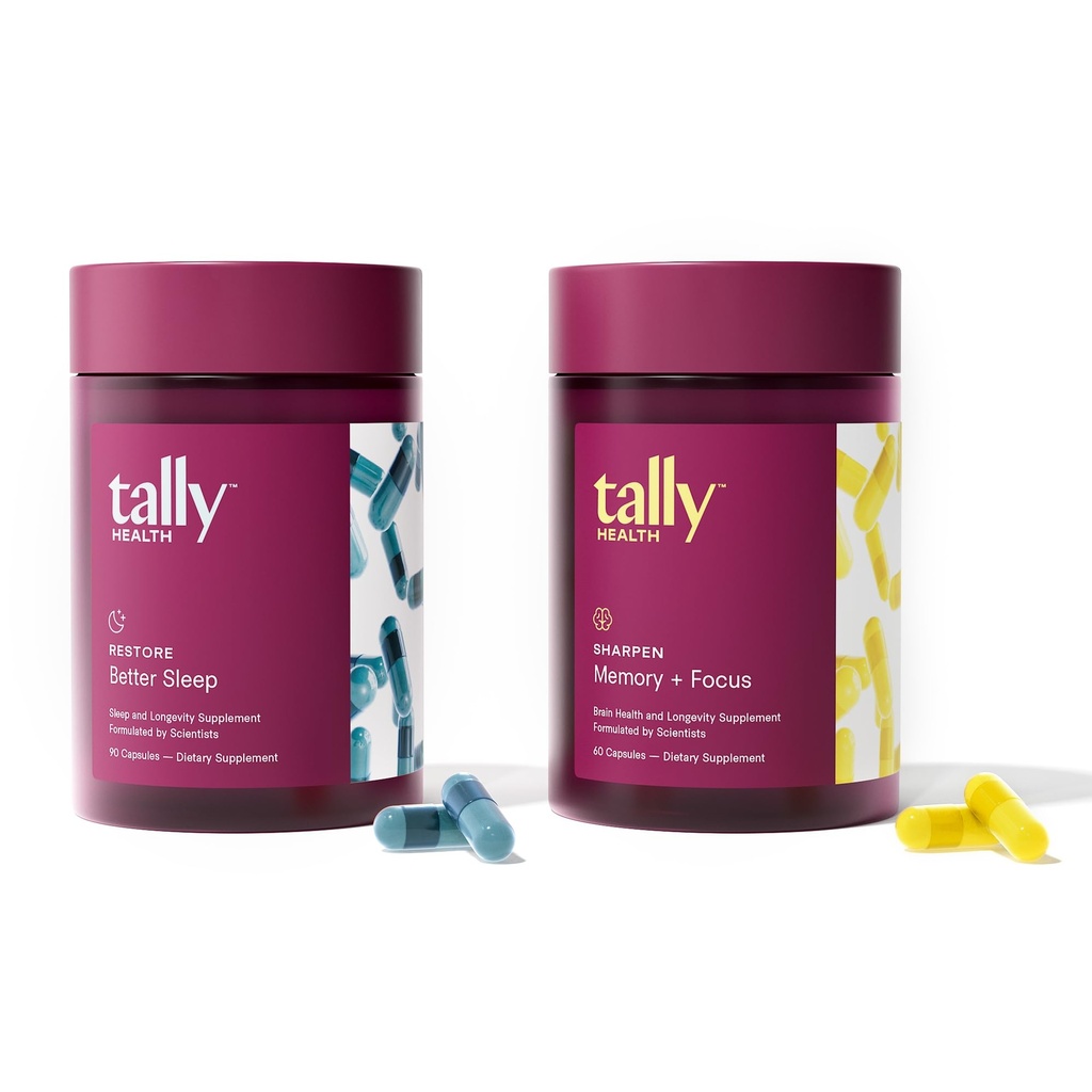 Tally Health Cognitive Lift Bundle - Deep Restorative Sleep & Sharper Memory, Focus & Brain Aging Support with Restore (30-Day Supply, 90 Caps) + Sharpen (30-Day Supply)