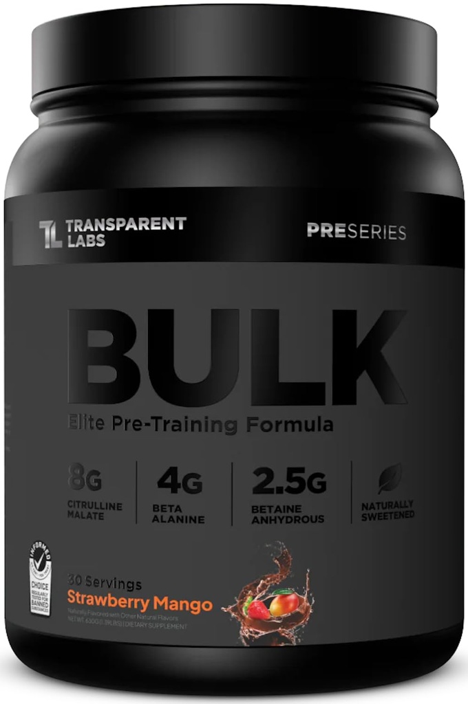 Transparent Labs Bulk Black Pre Workout - Clinically Dosed, Sugar Free Preworkout for Men and Women with Beta Alanine Powder, Citrulline Malate, & Caffeine Powder- 30 Servings, Strawberry Mango