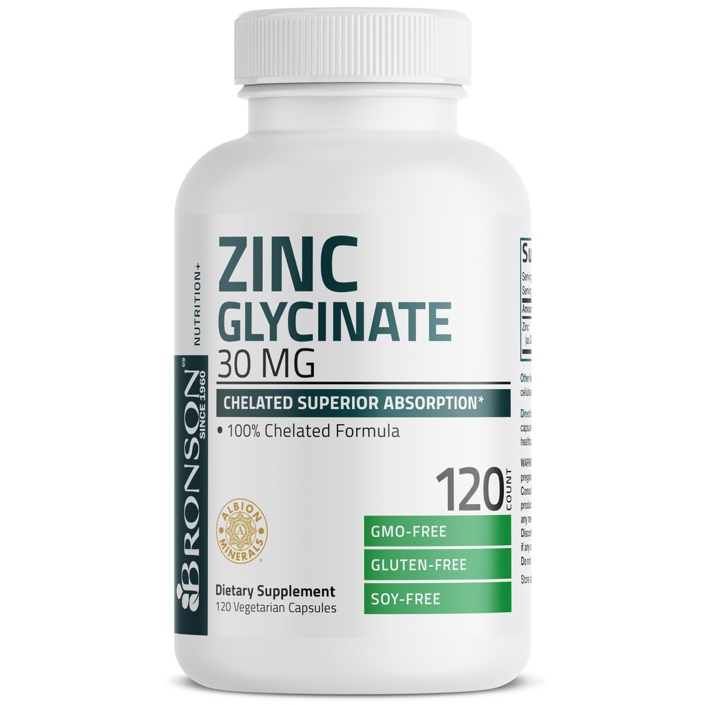 Bronson Zinc Glycinate 30mg Absorption supérieure chélatée 100% Formule chélatée Non-OGM, 120 Capsules végétariennes