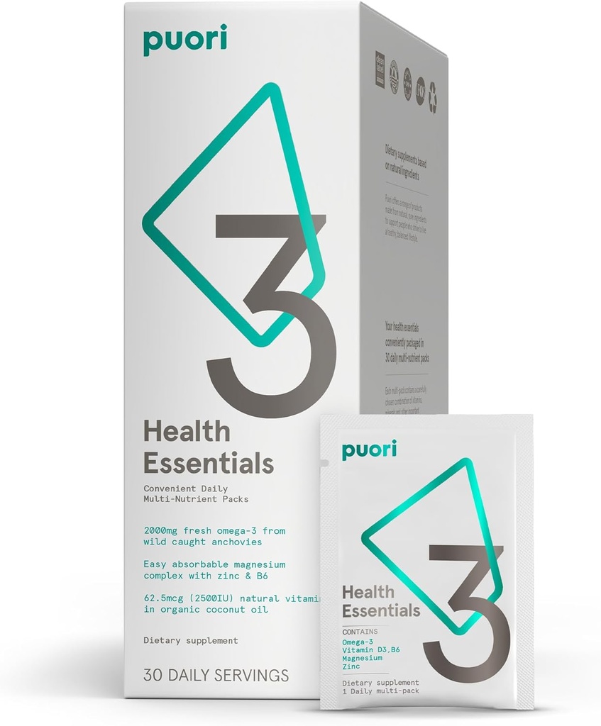 Puori P3 Essentiels de santé - Multivitamines pour les hommes et les femmes - 30 portions - Oméga 3, Vitamine D, Magnésium, Zinc - Multinutrient pour le cerveau et l'énergie