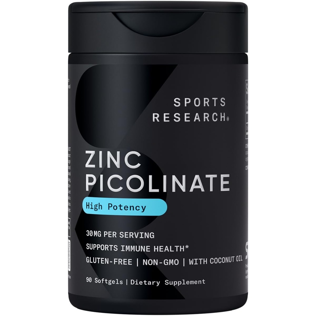 Recherche sportive Picolinate de zinc haute puissance 30mg avec de l'huile de coco biologique. Supplément de zinc très absorbant pour une fonction immunitaire et enzymatique saine - Non-OGM testé et sans gluten (90 softgels liquides)