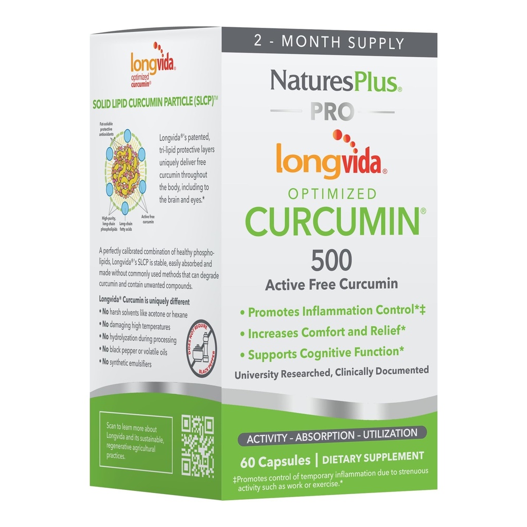 NaturesPlus PRO Longvida Curcumin 500 mg - 60 capsules - Promotion d'une protection radicale sans danger - Non-OGM, végétalien et sans gluten - 60 portions