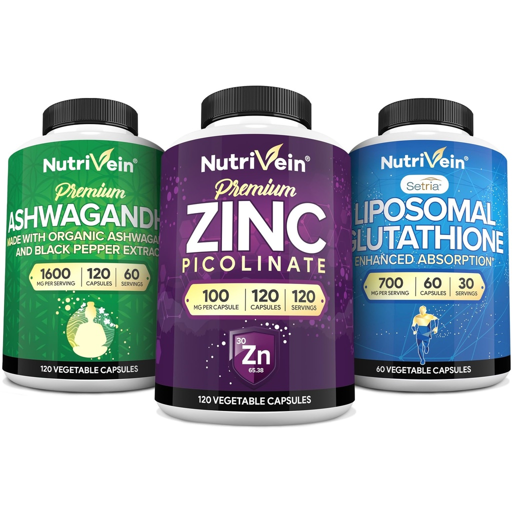 Nutrivein Premium Zinc Picolinate, Ashwagandha, and Liposomal Glutathione Supplement Bundle: Reduced Glutathione & Zinc Supplements for Men & Women for Immunity, Detox, Rest, & Recovery