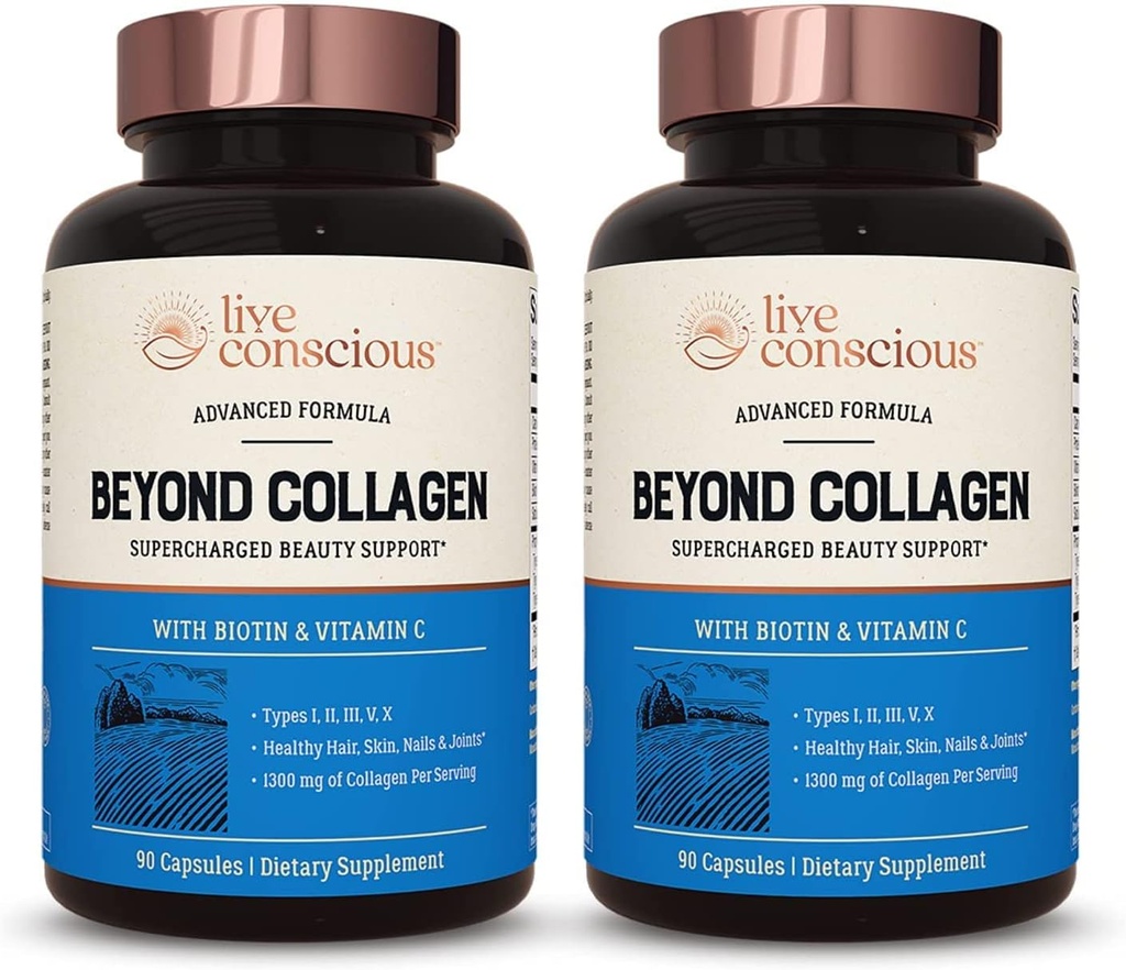 Live Consumer Beyond Collagen Multi Collagen Capsules - Types I, II, III, V & X. Mélange hydrolysé avec biotine et vitamine C pour cheveux, peau, ongles 90 Capsules (2-pack)