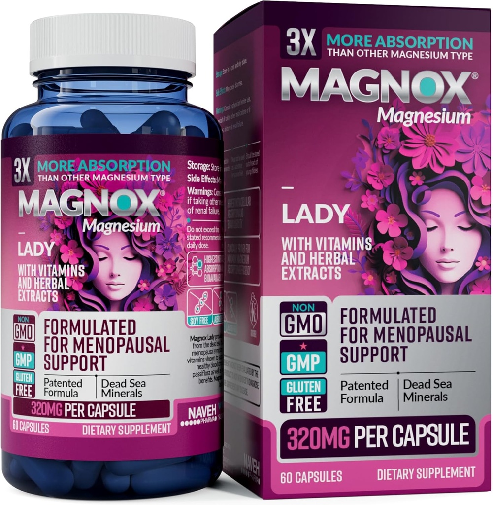 MAGNOX Lady Magnésium Supplément de soutien à la ménopause et au SPM pour les femmes Complexe de magnésium avec vitamines B6, B1, B12, D, Zinc.