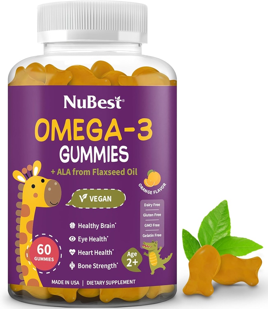 NuBest Omega 3 Gummies for Kids & Teens with Flaxseed Oil | Supports Brain Growth, Mental Clarity, Focus, and Eye Health | No Added Sugar | Orange Flavor | 60 Premium Vegan Gummies | 1 Month Supply