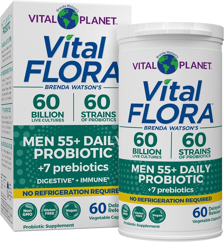 Vital Planet - Vital Flora Men Plus de 55 Probiotiques quotidiens, 60 Million CFU, Démarches diverses, Prébiotiques organiques, Soutien immunitaire, Probiotiques stables du plateau digestif pour les hommes, 60 Capsules