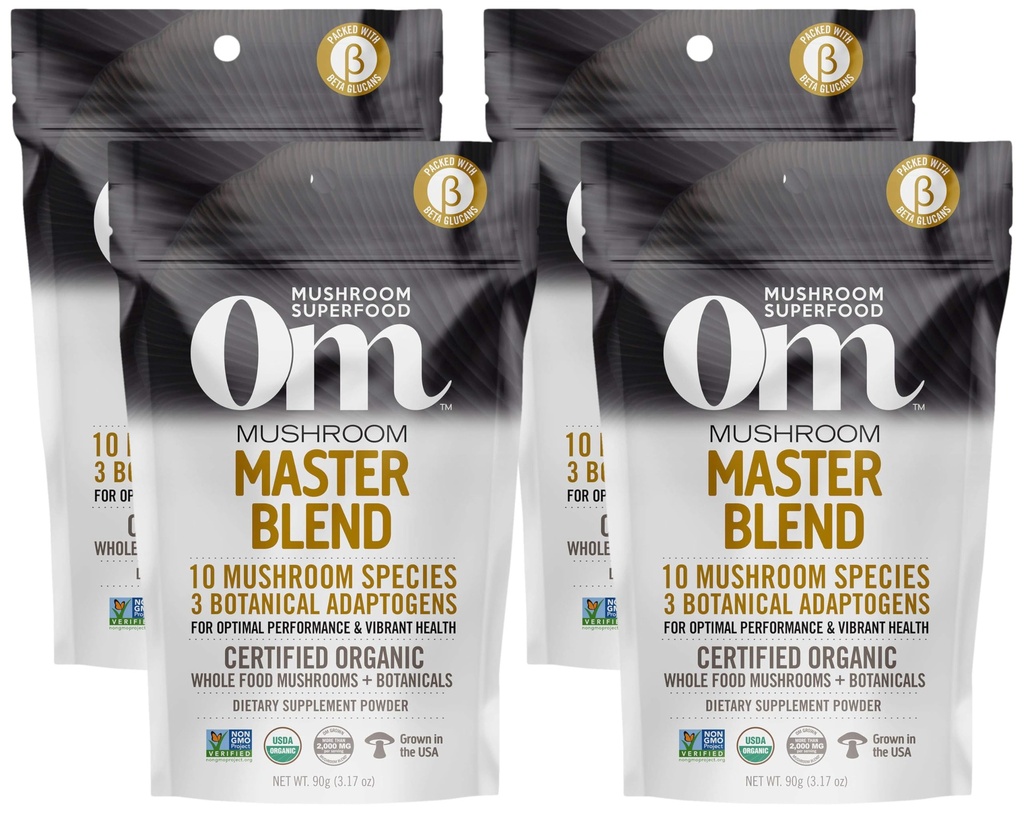 Om Master Blend Mushroom Powder – Organic Mushroom Supplement with 10 Mushrooms and Ashwagandha - Support Immunity, Gut Health & Stress Relief, 3.17 oz (40 Servings) (Pack of 4)