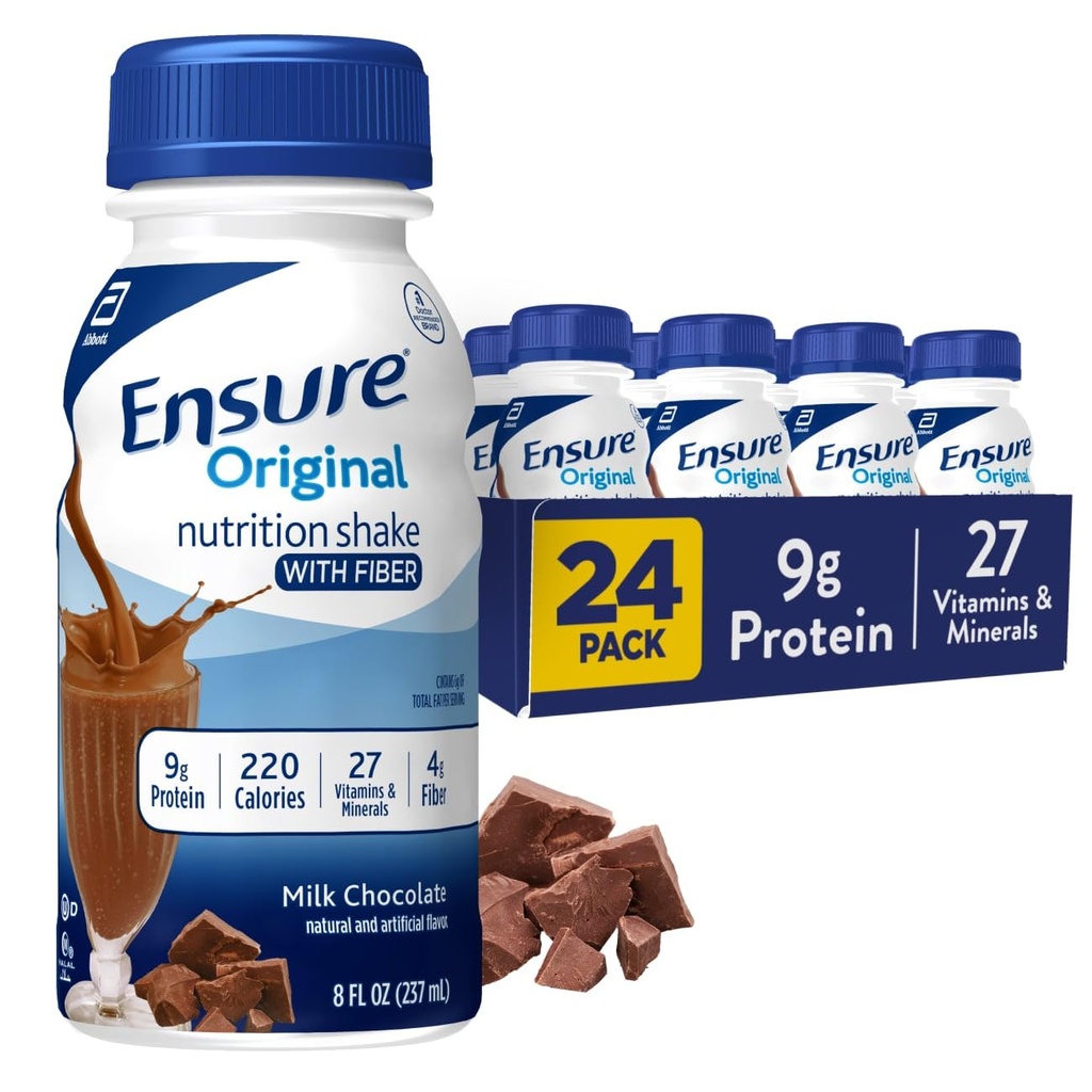 Ensure Original Milk Chocolate Nutrition Shake With Fiber | Small Meal Replacement Shake | Ready to Drink | 9g Protein, 27 Vitamins and Minerals | 8 fl oz - 24 Pack
