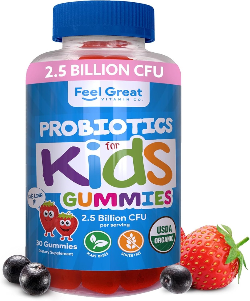 Feel Great USDA Bio Kids Probiotiques Gummies (en anglais seulement) Probiotiques de fraises à croquer pour la santé digestive et le soutien immunitaire (en anglais seulement)
