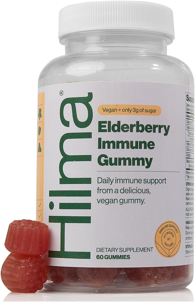 Gummées de mûre aînée de Hilma formule avec vitamine C et zinc, naturel, végétalien, ingrédients éprouvés cliniquement, supplément de soutien immunitaire plus antioxydants, saveur de baie naturelle (60 gummées)