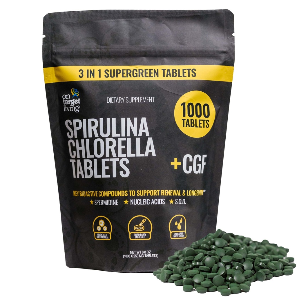 Sur la cible vie Spiruline Chlorella + CGF de 1000 comprimés superverts de végétalien de soutien immunitaire de haute teneur en protéines d'alcalyzing d'alcalyzing d'éléments nutritifs de l'énergie de récupération