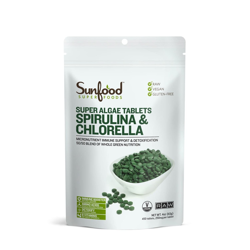 Comprimés de spiruline de Chlorella - Comprimés d'algues vertes de Spiruline et de Chlorella pour les femmes et les hommes, source de chlorophylle, de vitamines B et de protéines, mur cellulaire brisé, végétalien - sac de 4 oz