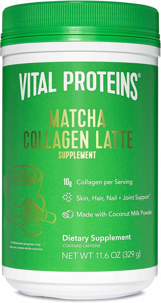 Protéines vitales Matcha Lattes, Matcha Green Tea Collagen Latte Powder, L-Theanine & Caféine & MCTs - Soutien cheveux, peau, ongles sains - Original