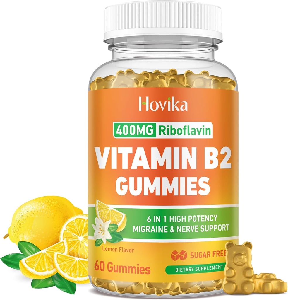 Supplément Vitamine B2 Gummies Riboflavin 400mg pour les hommes et les femmes - Magnésium pur, Ashwagandha, CoQ10, Omega 3, Vitamine B12 - Anti-migraine et énergie, Support du système nerveux - Sans sucre, 60 Compte
