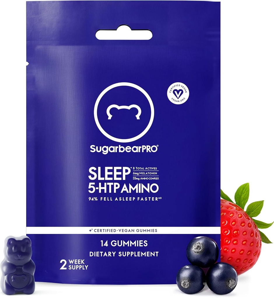 SugarBearPro Sleep Gummy Approvisionnement de 14 jours, Mélatonine extra-forte 6mg, pour les hommes et les femmes, Vitamine végétalienne B6, L-Theanine, 5 HTP, Valérien, Aide au sommeil pour les adultes et les adolescents, certifié Kosher