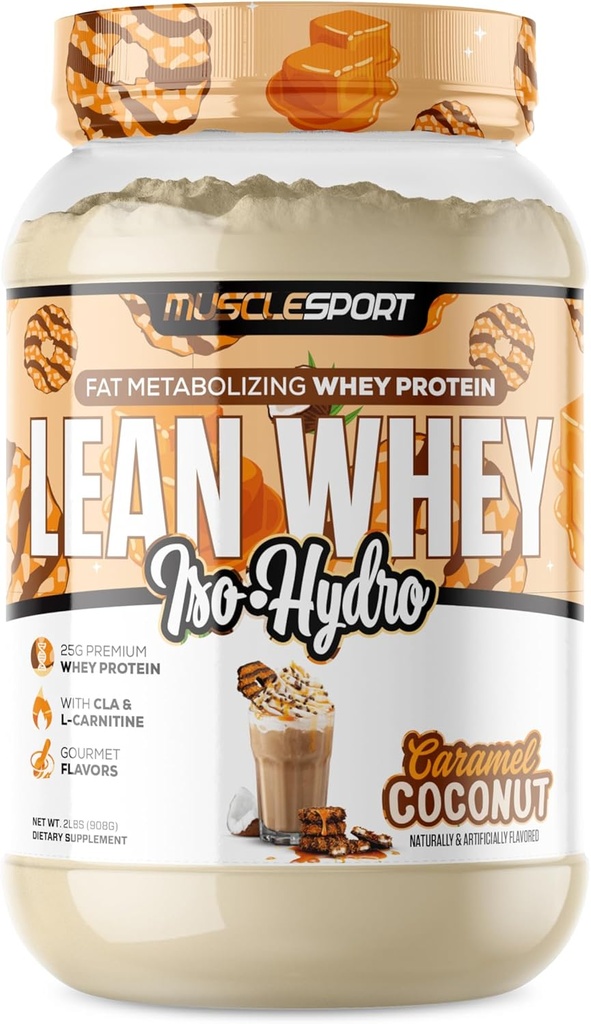 Musclesport Poudre de protéines Lean Whey RevolutionTM - Isolation de protéines Whey - Faible teneur en calories, faible teneur en glucides, faible teneur en gras, colorants incroyables - 25g de protéines par scoop (2LB, Caramel de noix de coco)