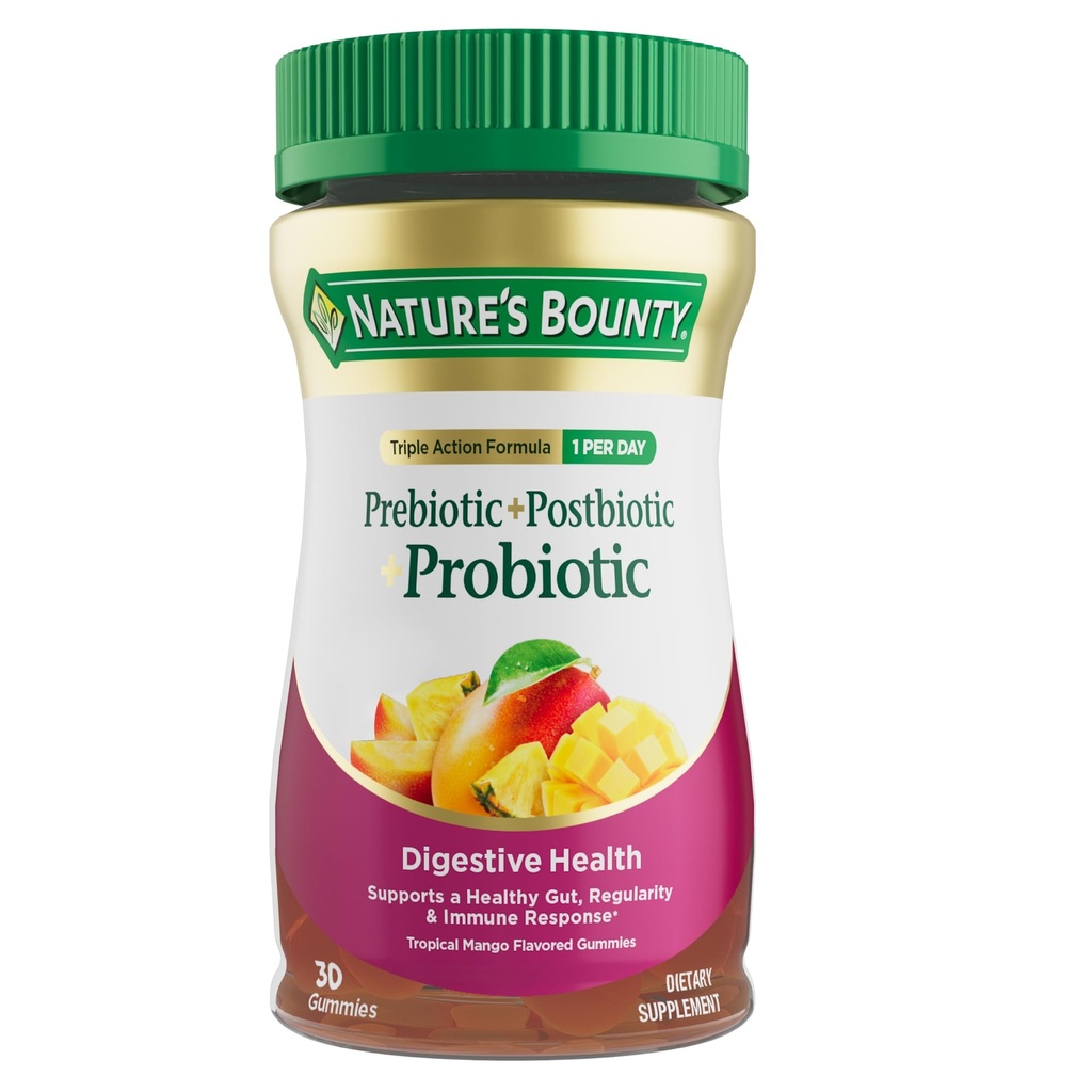 Nature’s Bounty Pre + Pro + Postbiotic Gummies for Digestive Health, Immune Support - Probiotic Gummies for Gut Health, Tropical Mango Flavor, 30 Ct