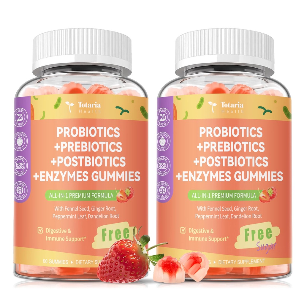 (2 Packs) Totaria Sugar Free 5-in-1 Probiotic Prebiotic Postbiotic Gummy, Probiotics for Women Men with Digestive Enzymes, Peppermint, Complete Immune, Gut & Digestive Support, Vegan Strawberry Flavor