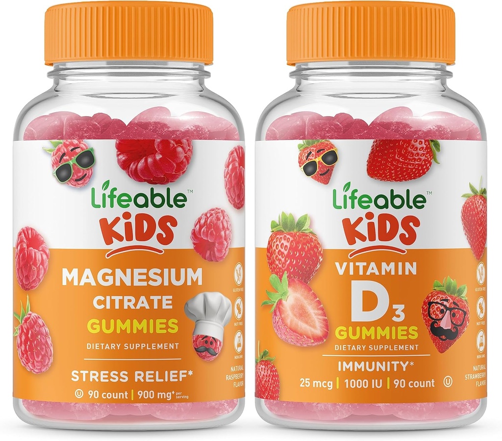 Magnésium Lifeable Kids + Vitamine D Kids, Gommies Bundle - Grande dégustation, supplément de vitamine, sans gluten, sans OGM, gommy à croquer