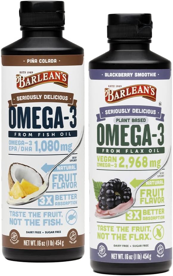 Barlean's Omega 3 Liquid Supplement Bundle, BlackBerry Smoothie L'huile de lin et Piña Colada Fish Oil Suppléments Set, 16 oz