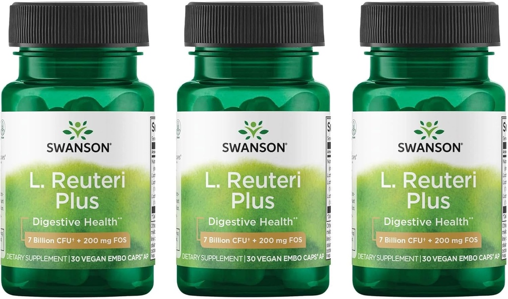 Swanson L. Reuteri Probiotic Plus w/L. Rhamnosus L. Acidophilus & FOS Prebiotic Digestive Support - Promotion de la santé Gut w/ 7 Million CFU par gélule - (30 Capsules Veggie) (3 Pack)