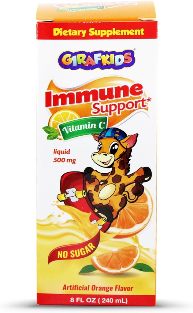 GirafKids Liquid Vitamin C for Kids Ages 4+ | 8 Fl Oz, 500mg | No-Sugar Formula with Safe, Premium Ingredients | Delicious Orange Flavor | Immune Support & Energy Boost