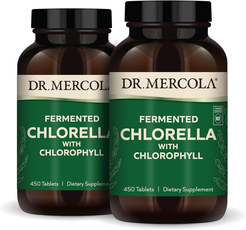 Dr Mercola Fermented Chlorella avec de la chlorophylle, 90 portions (450 comprimés), 2 bouteilles, supplément alimentaire, soutient la santé immunitaire et des organes, non OGM, certifié NSF
