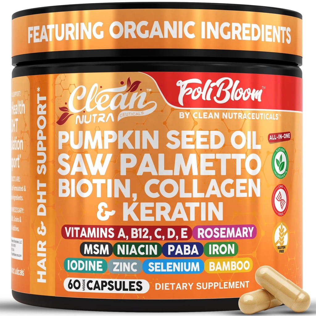 Nettoyer Nutra Capsules d'huile de graines de citrouille + Saw Palmetto Biotin Collagen Keratin MSM Folate Acid Suppléments Hyaluronique B12 Zinc Supplément Cheveux pour Femmes Hommes Iodine 5-MTHF B-12 Vitamine B9-60 Pills