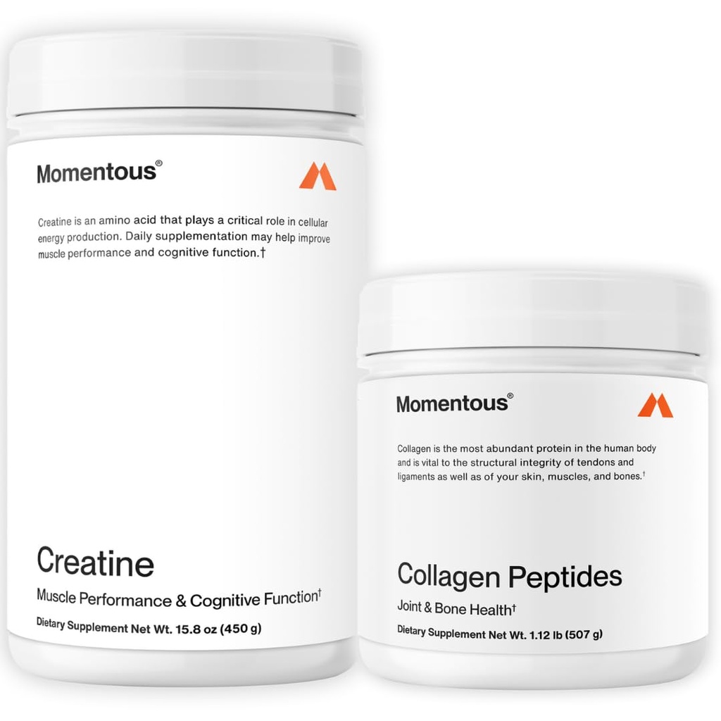Poudre Monohydratée de Créatine Momenteuse et Collagène Herbacé Peptides Powder Stack - Soutient la Force, Lean Muscle, & Recovery - FORTIGEL & Vitamine C pour les cheveux, la peau, les ongles et le soutien de santé articulaire