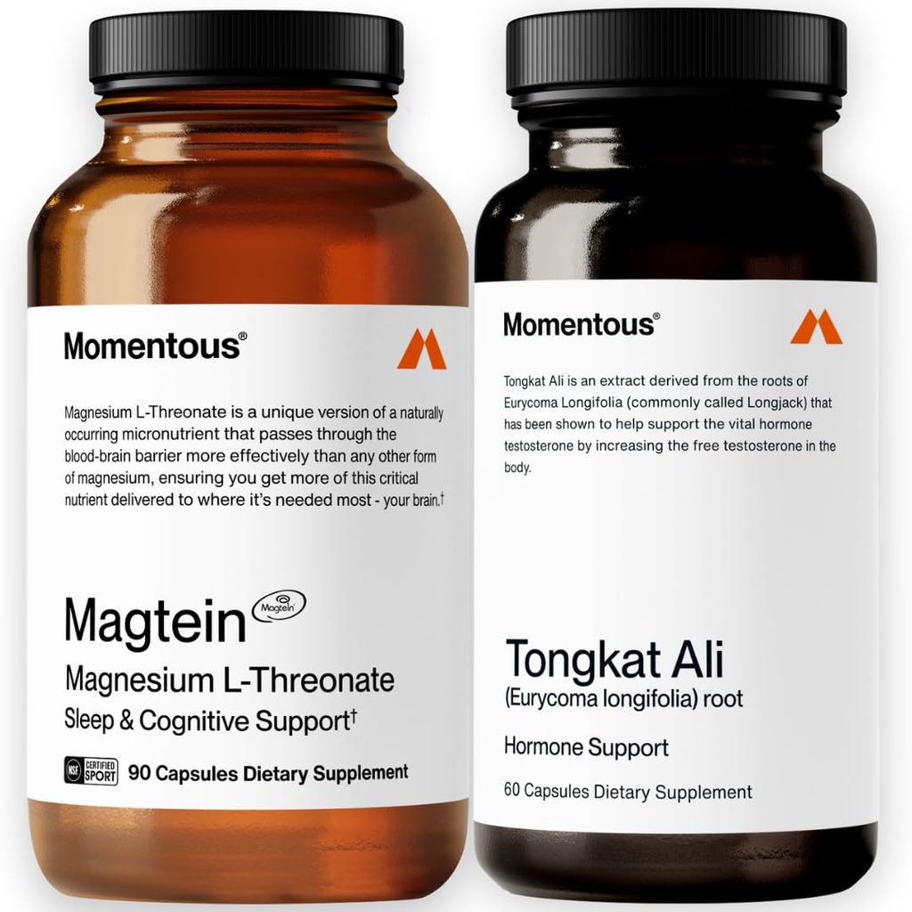 Momentous Magtein Magnesium L-Threonate 145mg, Tongkat Ali for Men and Women Supplement for Health & Wellness, Hormone, Energy & Mood Support - Root Extract Powder, Cognitive Function & Rest Support