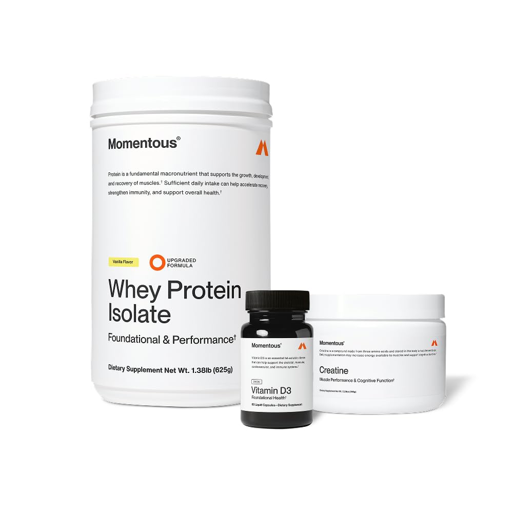 Momentous Arnold's Stack - Poudre monohydratée de créatine, poudre essentielle de protéines de lactosérum (Vanilla) et vitamine D3 (2000 UI) - Fondements quotidiens pour soutenir la force musculaire et la longévité