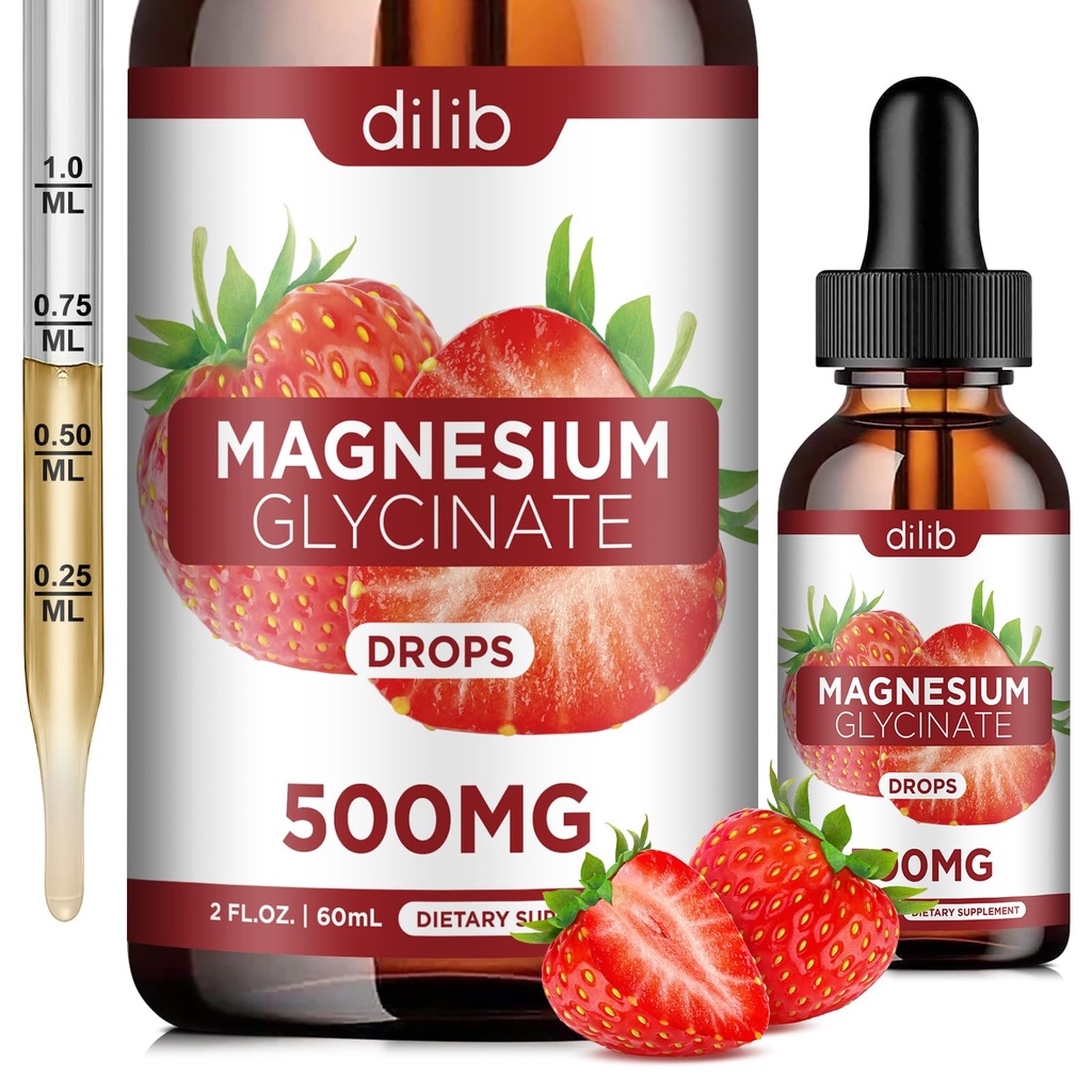 Magnesium Glycinate Supplement, Liquid Magnesium Glycinate Liquid Drops 500mg-Support Stress Relief, Relaxation, Mood, Sleep, Bone & Muscle-2 Fl Oz, Vegan, Strawberry Flavor