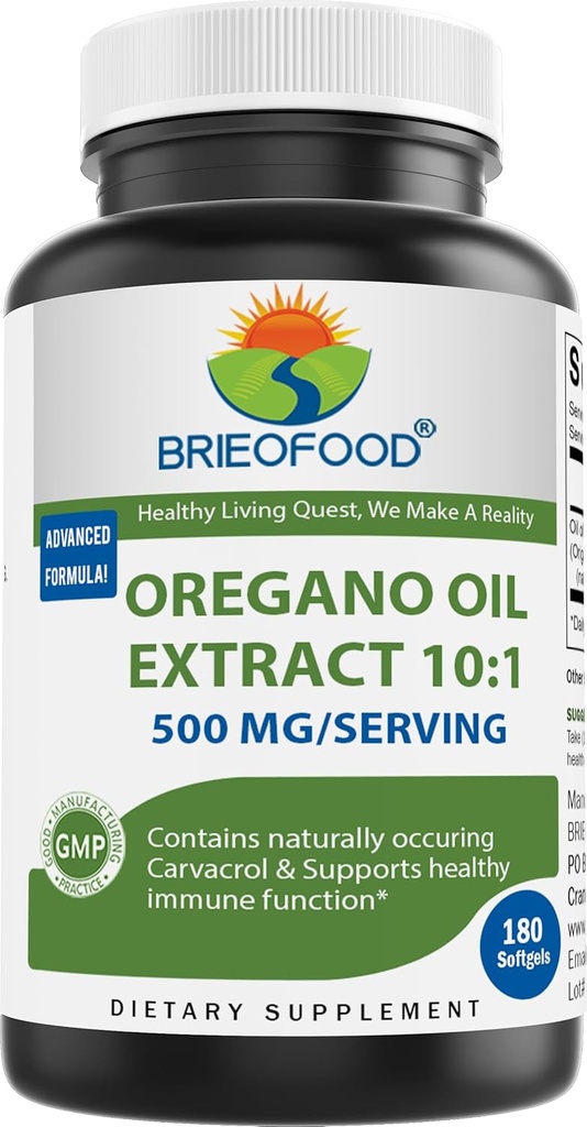 Huile d'origan Brieofood 10:1 Extrait 500 mg par portion - Contient naturellement Occupant Carvacrol - Fonction Immune saine - 180 Softgels