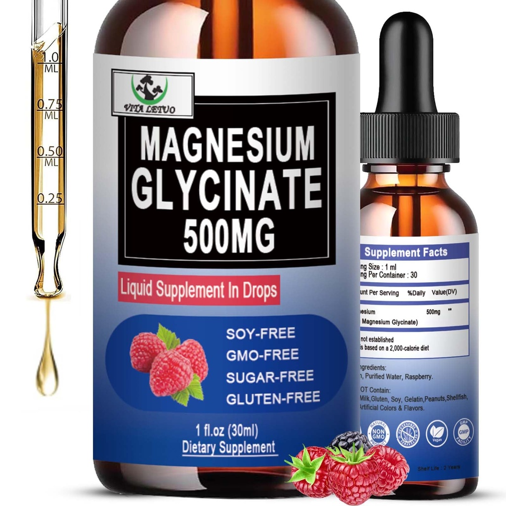 Pure Magnesium Glycinate | Liquid Magnesium Supplement 500mg for Sleep, Nerve, Bone and Heart Health | Vegan Glycinate Mag Liquid Drops 6X High Absorption | Non-GMO, Gluten-Free | 30 Servings