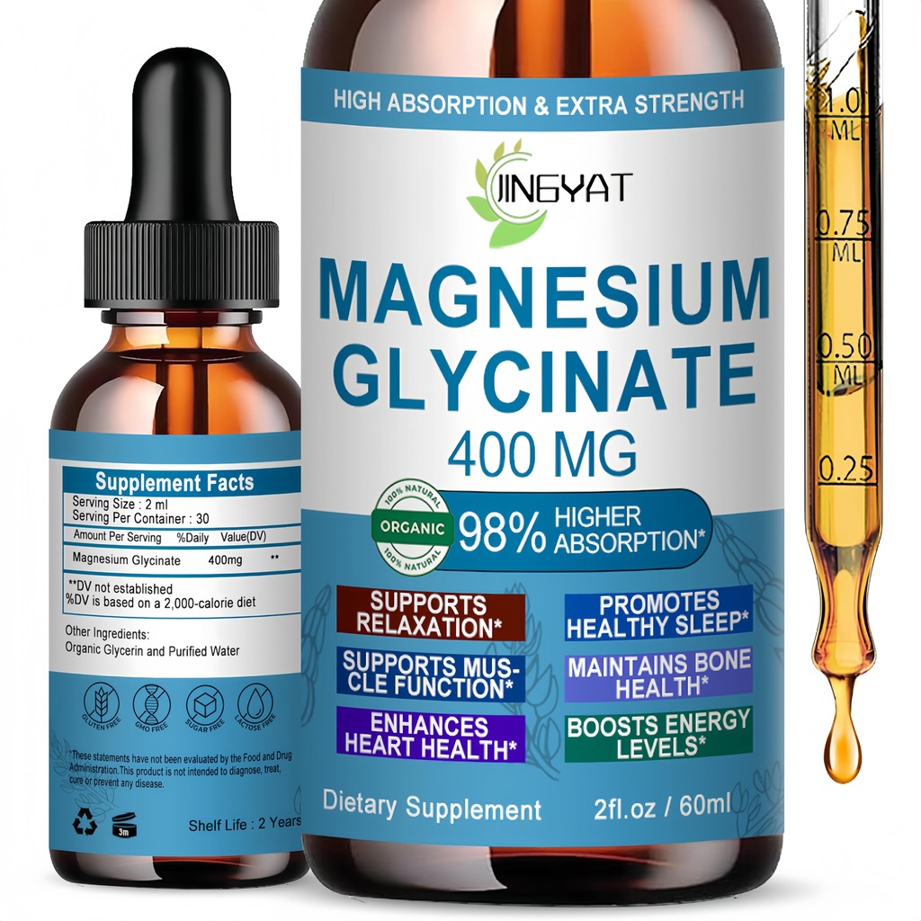 Pure Magnesium Glycinate Drops | High Absorption Liquid Magnesium Glycinate 400mg Support Sleep,Nerve & Bone Health | Magnesium Bisglycinate Chelate for Women & Men | Vegan,Non-GMO,Fast-Acting Formula