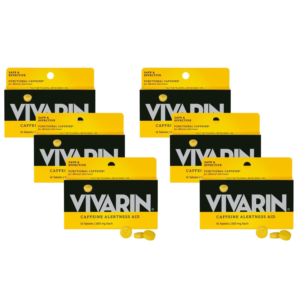 Vivarine, Pilules de caféine, 200 mg de caféine par dose, en toute sécurité et efficacement vous aide à rester éveillé, sans sucre, calories ou ingrédients cachés, supplément énergétique, 16 comprimés (6 pack)