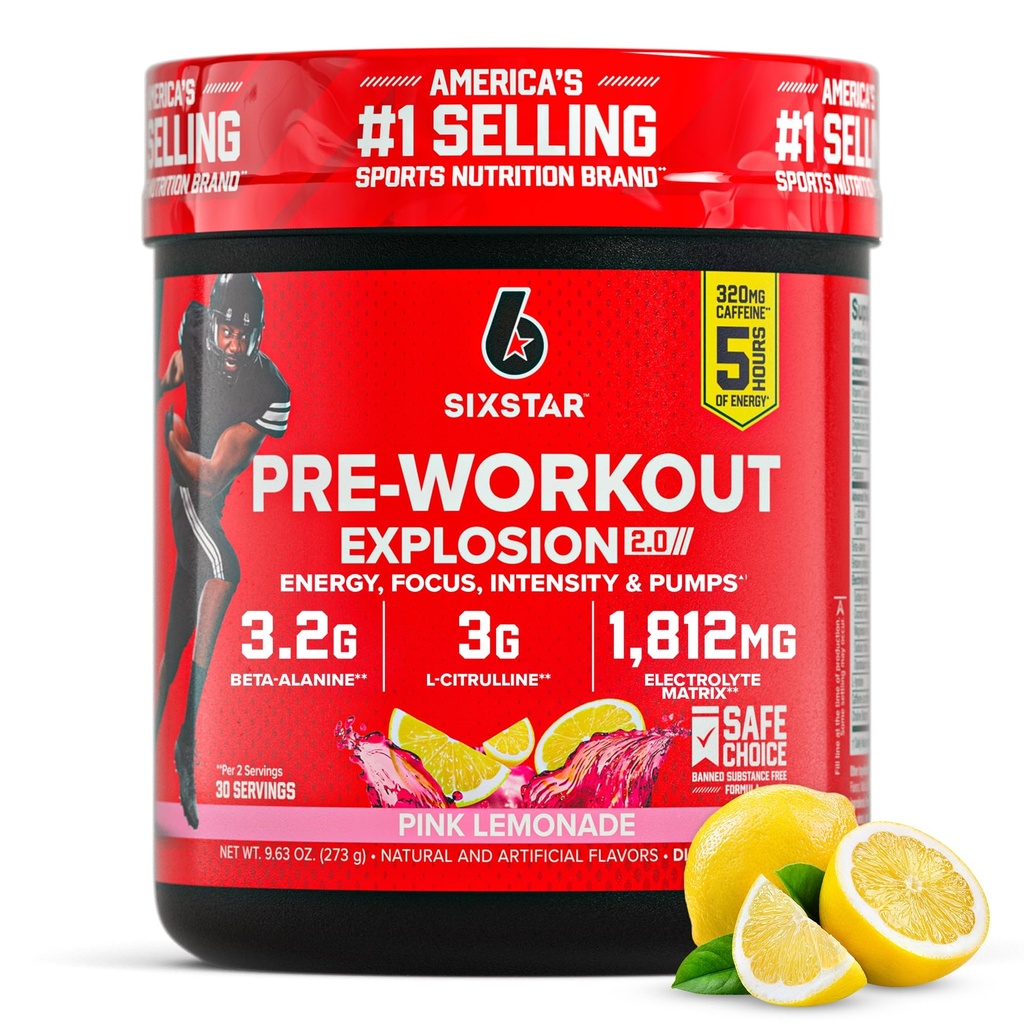 Poudre de pré-entraînement Six étoiles pour hommes et femmes, citronnade rose (30 portions) - Pré-entraînement Explosion 2.0 Energy Powder Drink Mix avec Beta-Alanine & Caféine - Sports Produits de complément nutritionnel