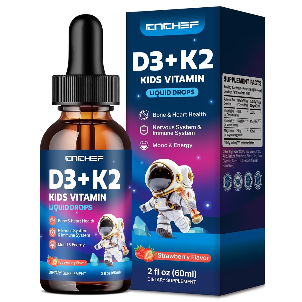 Vitamin D3 K2 Drops for Kids - Liquid Supplement with Magnesium for Calcium Absorption, Joint Health, Teeth & Heart - Non-GMO, Vegan, Strawberry, 2 Fl Oz - Kids Ages 4+