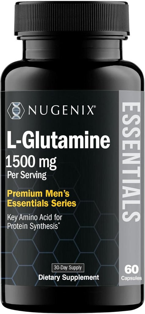Nugenix Essentials L-Glutamine, 1500mg 100% Botanique L-Glutamine Amino Acid, Protéine Synthèse, Soutien Fonction Cellulaire, 60 Capsules