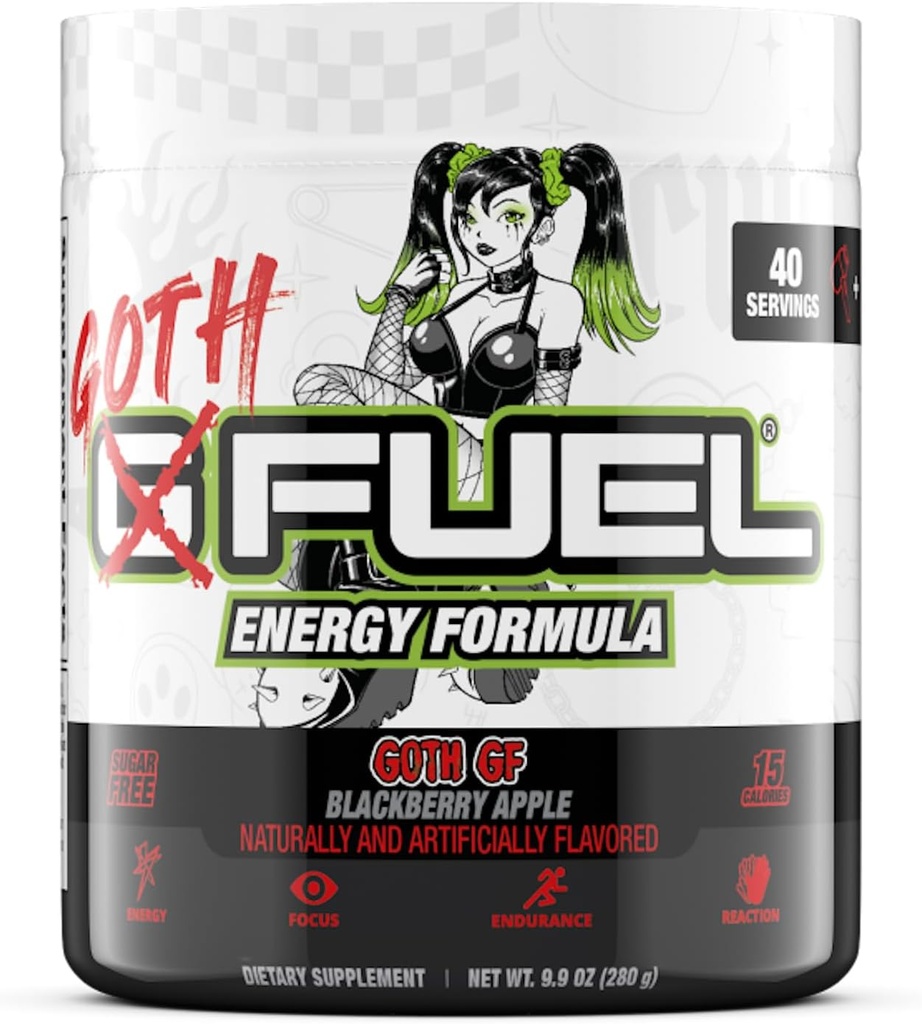 G Fuel Goth GF Energy Drink Poudre, Pré-entraînement Caféine Poudre, Energy Powder Drink Mix pour le jeu, sans sucre Focus Amino, Vitamine + Antioxydants, 9,9 oz (Pomme de Blackberry, 40 portions)
